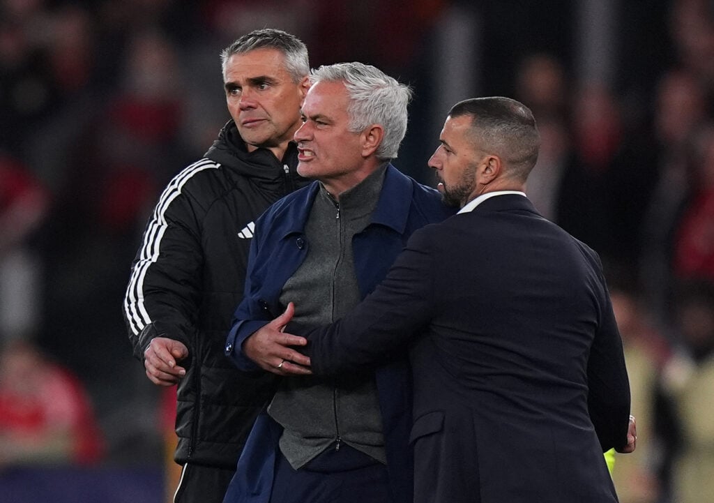 Jose Mourinho, Head Coach of Benfica, is shown a red card by referee Francois Letexier during the UEFA Champions League 2025/26 League Knockout Play-off First Leg match between SL Benfica and Real Madrid C.F. at Estadio do SL Benfica on February 17, 2026 in Lisbon, Portugal.