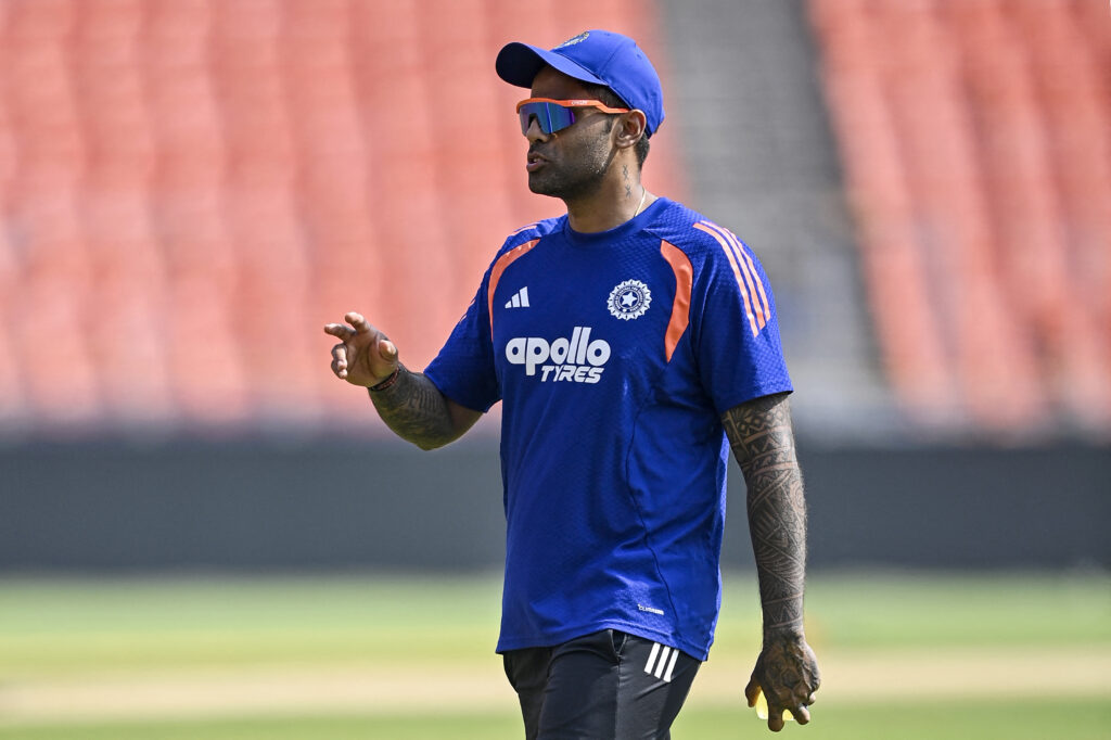 India's captain Suryakumar Yadav attends a practice session on the eve of their 2026 ICC Men's T20 Cricket World Cup super eights match against South Africa at the Narendra Modi Stadium.