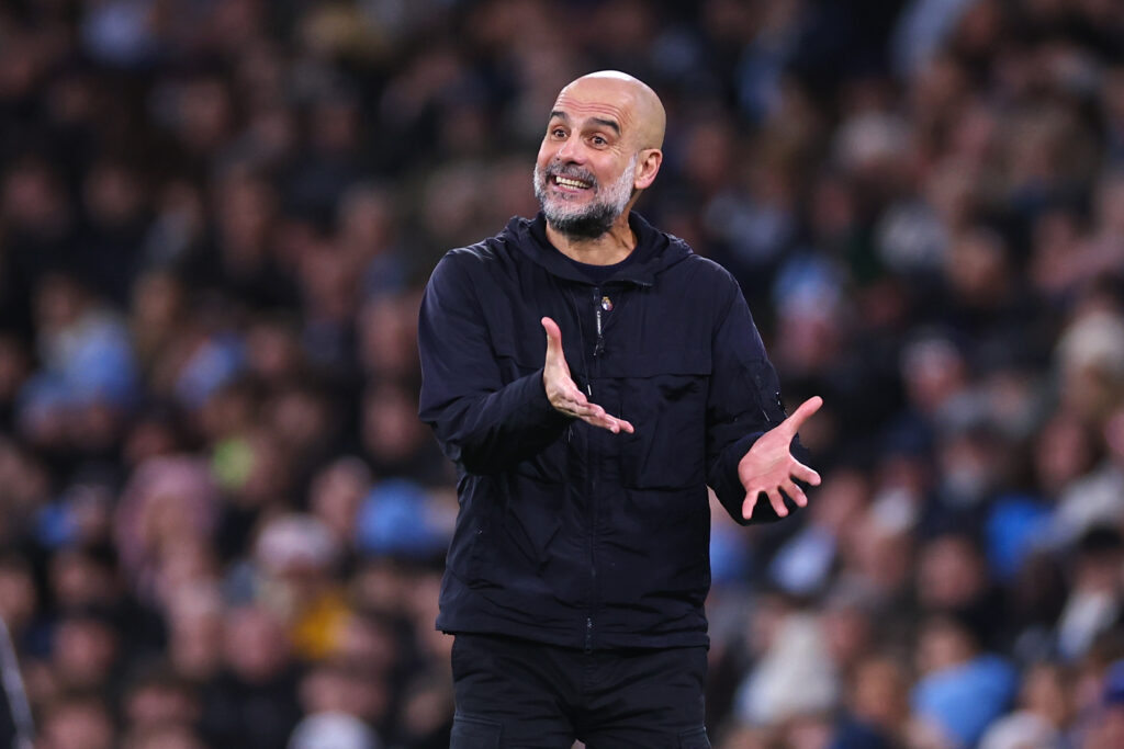 Pep Guardiola Manager / Head Coach of Manchester City celebrates during the Premier League match between Manchester City and Newcastle United at Etihad Stadium.