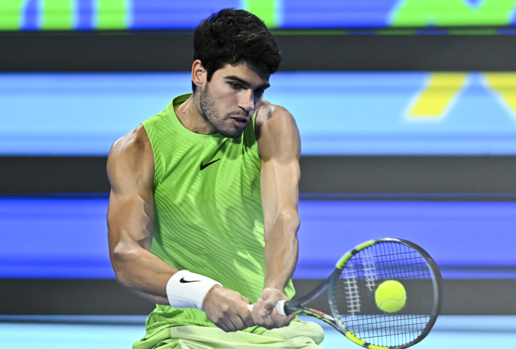 Carlos Alcaraz of Spain competes against Arthur Fils of France in the final at the ATP men's Qatar ExxonMobil Open 2026 tennis tournament at the Khalifa International Tennis Complex.