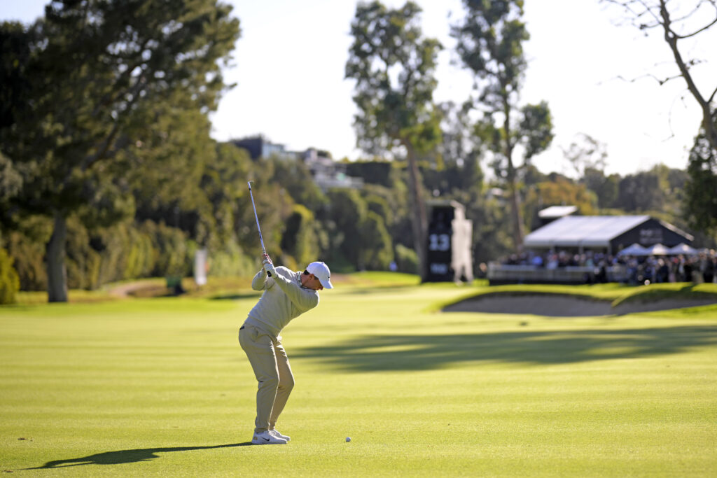 Rory McIlroy of Northern Ireland plays a shot on the 13th hole during the second round of The Genesis Invitational 2026 at Riviera Country Club on February 20, 2026