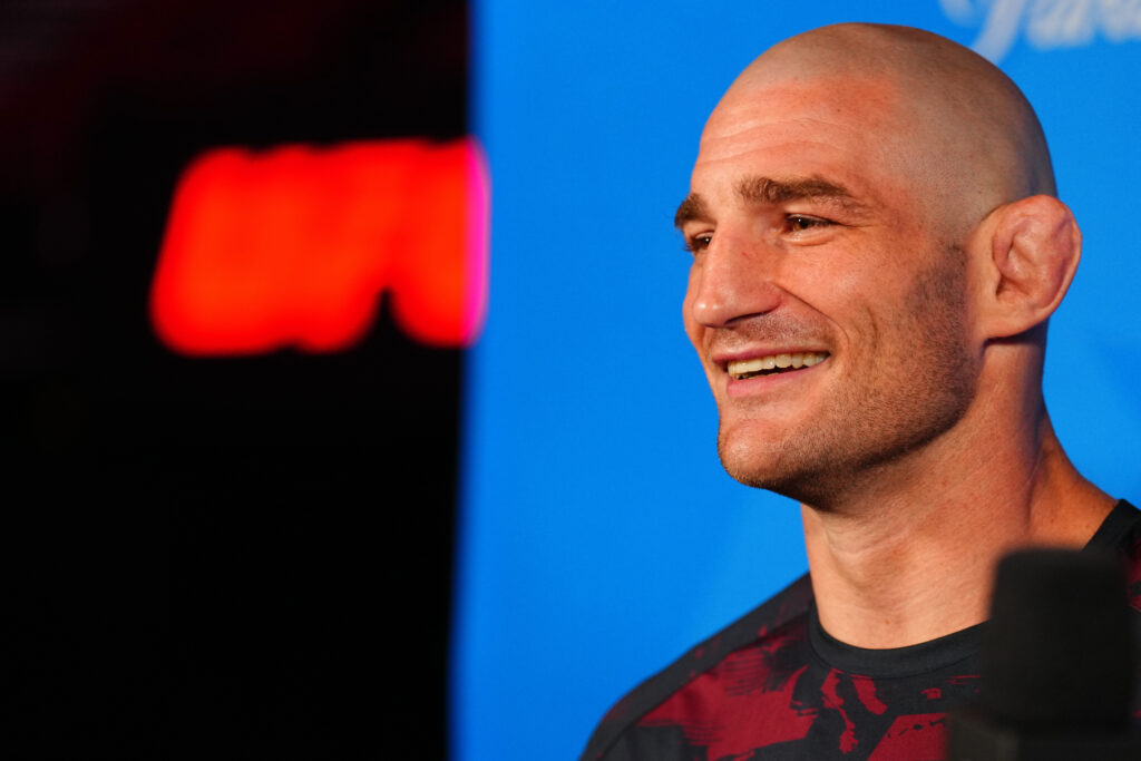 Sean Strickland is interviewed backstage during the UFC Fight Night ceremonial weigh-in at Toyota Center on February 20, 2026 in Houston, Texas.