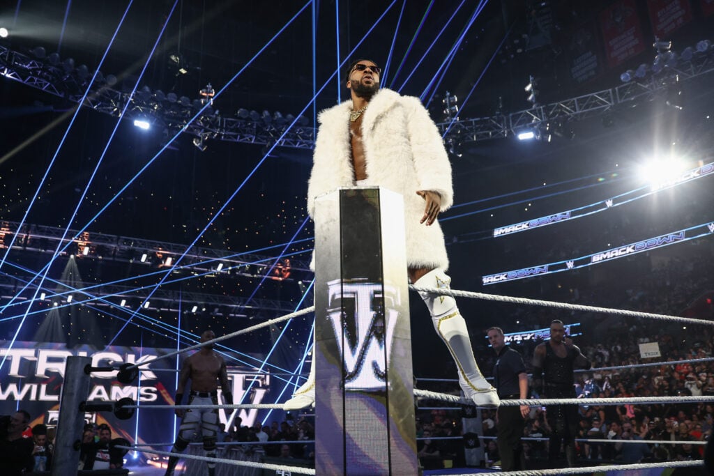 Trick Williams makes his entrance during SmackDown at FLA Live Arena on February 20, 2026 in Sunrise, Florida.