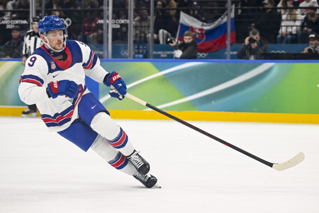 Jack Eichel of Team United States in action during the Ice Hockey Men United States vs Slovakia Semifinals on day fourteen of the Milano Cortina 2026 Winter Olympic games at Milano Santagiulia.