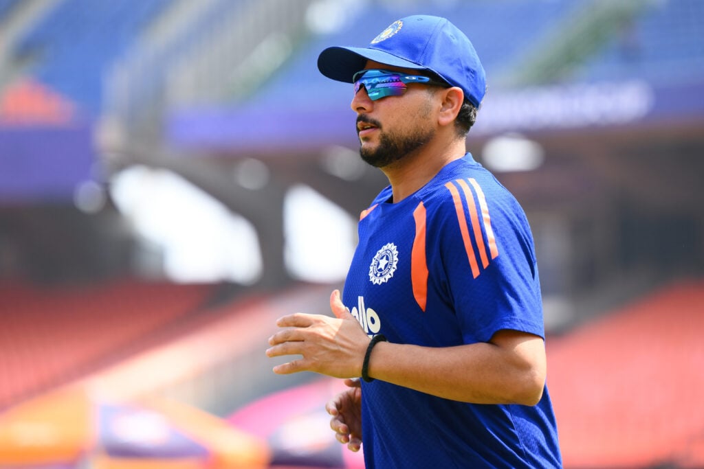 Kuldeep Yadav of India during an ICC Men's T20 World Cup India & Sri Lanka 2026 net session at Narendra Modi Stadium.