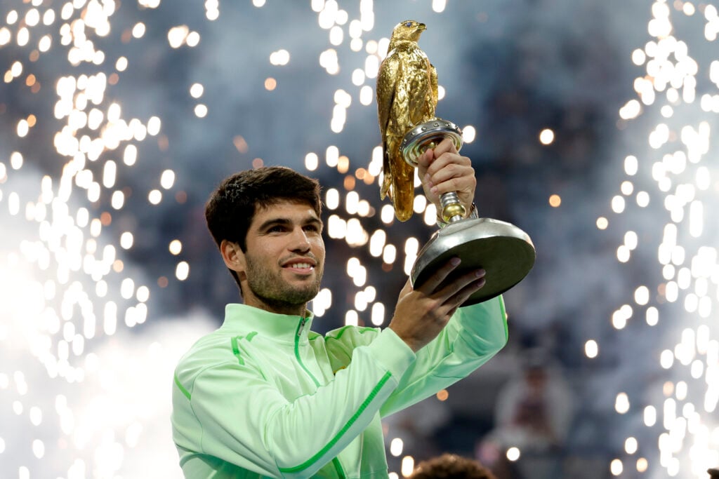Carlos Alcaraz celebrates after winning the Qatar Open