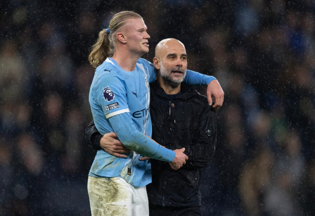 Manchester City manager Pep Guardiola and Erling Haaland celebrate after the Premier League match between Manchester City and Newcastle United at Etihad Stadium.