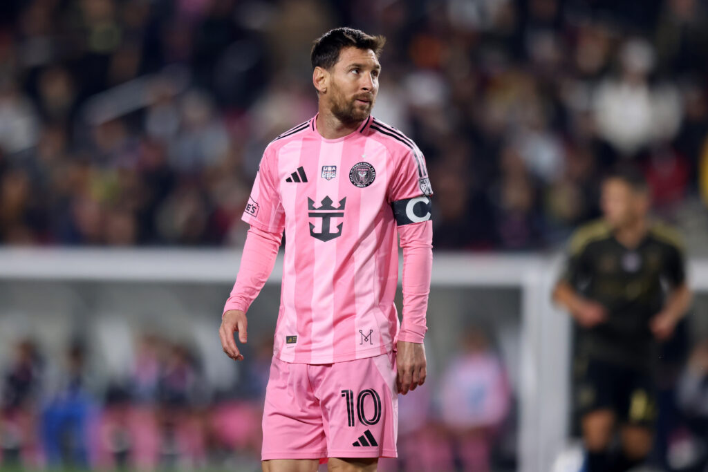 Lionel Messi #10 of Inter Miami CF looks on during the MLS match between Los Angeles Football Club and Inter Miami CF at Los Angeles Memorial Coliseum.