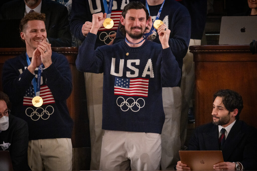Connor Hellebuyck and other members of the U.S. Menâs Hockey team receive a standing ovation as President Donald Trump delivers his State of the Union address to a joint session of Congress in the chambers of the U.S. House of Representatives.