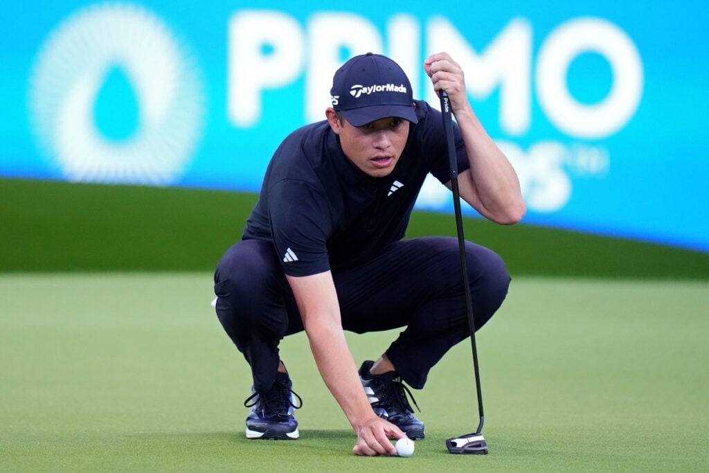 Colin Morikawa of the Los Angeles Golf Club lines up a putt on the fifth green during the match against the Atlanta Drive GC