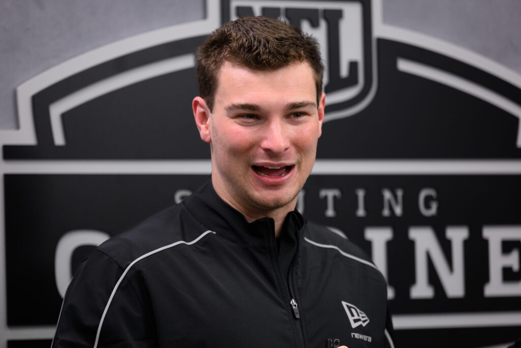 Indiana quarterback Fernando Mendoza answers questions from the media during the NFL Scouting Combine on February 27, 2026 at the Indiana Convention Center.