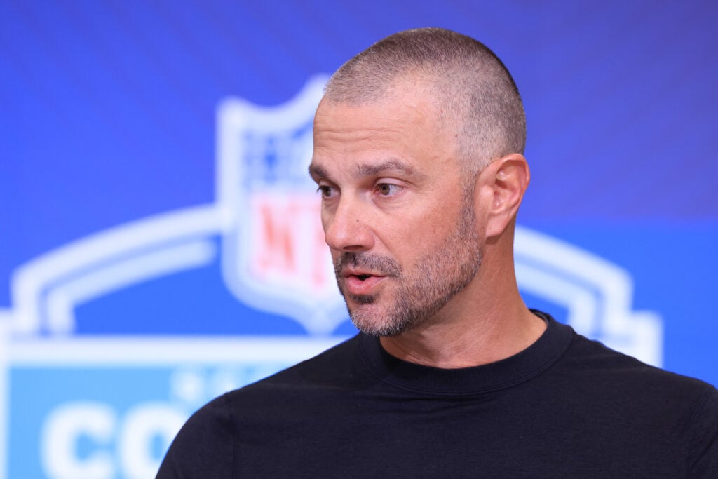 General manager John Spytek of the Las Vegas Raiders speaks to the media during the 2026 NFL Scouting Combine at Lucas Oil Stadium.