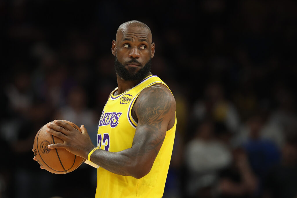 LeBron James #23 of the Los Angeles Lakers prepares for the start of the NBA game against the Phoenix Suns at Mortgage Matchup Center on February 26, 2026 in Phoenix, Arizona.