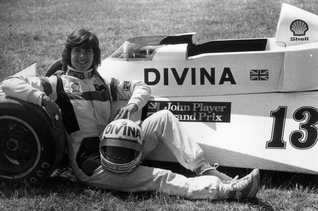 Divina Galica posing next to her car in 1976 at Brands Hatch