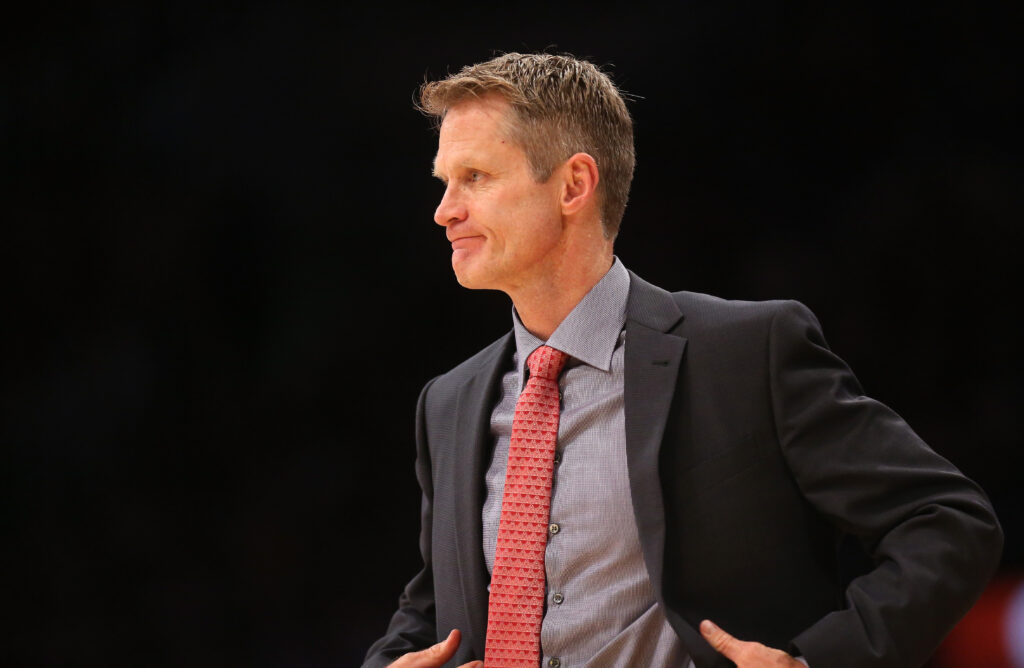 Head coach Steve Kerr of the Golden State Warriors looks on during the game against the Los Angeles Lakers at Staples Center.