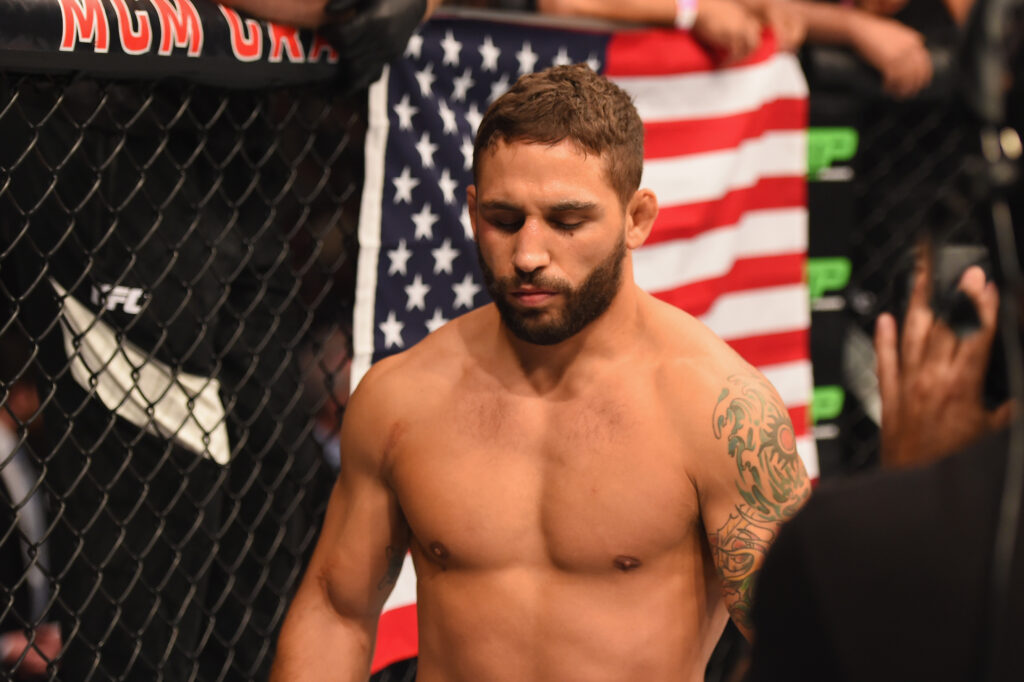 Chad Mendes prepares to face Conor McGregor in their UFC interim featherweight title fight during the UFC 189 event inside MGM Grand Garden Arena.