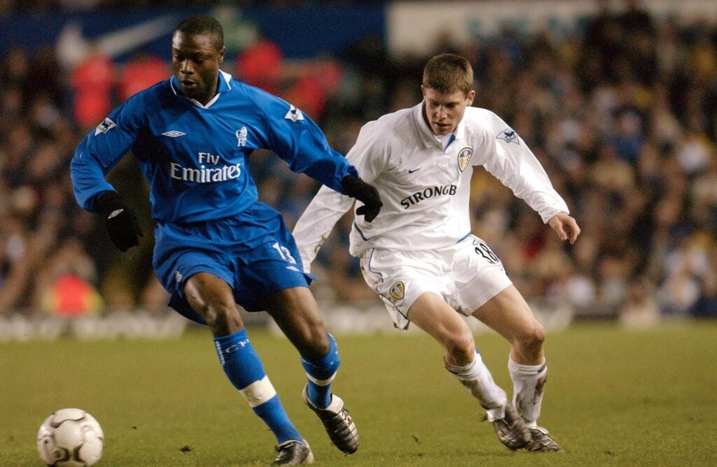 Leeds Uniteds James Milner gives chase to Chelsea's William Gallas during todays Premiereship clash at Elland Rd, Leeds, 28 December 2002.