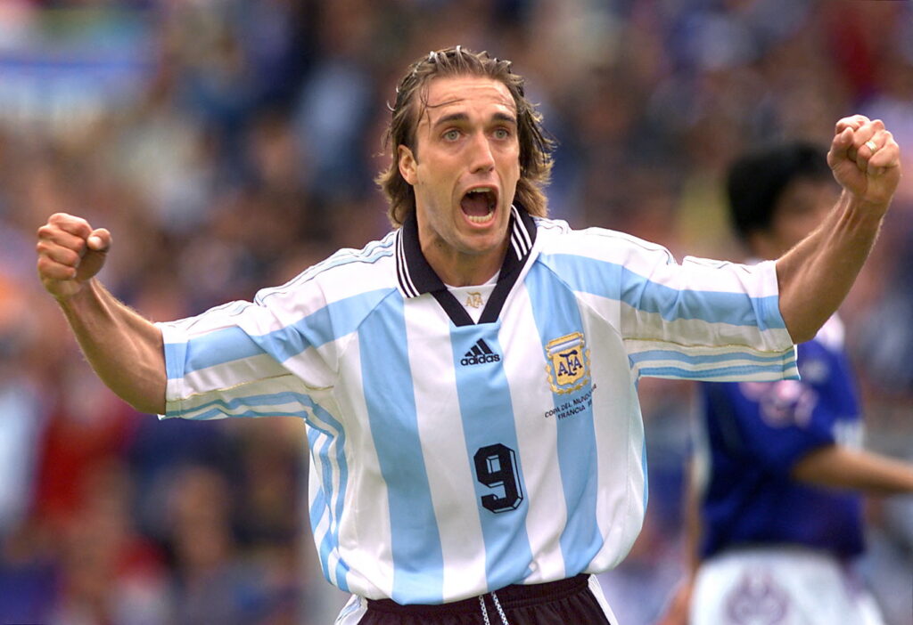 Gabriel Batistuta celebrates after scoring for Argentina at the 1998 World Cup.