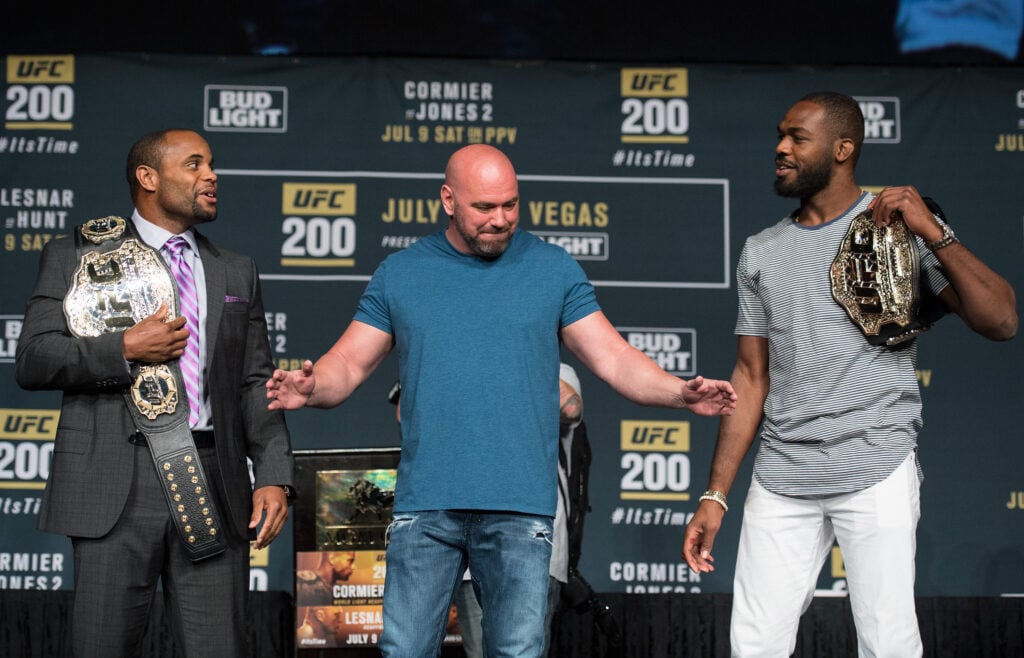 UFC lightweight champion Daniel Cormier and Jon Jones face off during the UFC 200: Press Conference in KA Theater at MGM Grand Hotel & Casino on July 6, 2016.