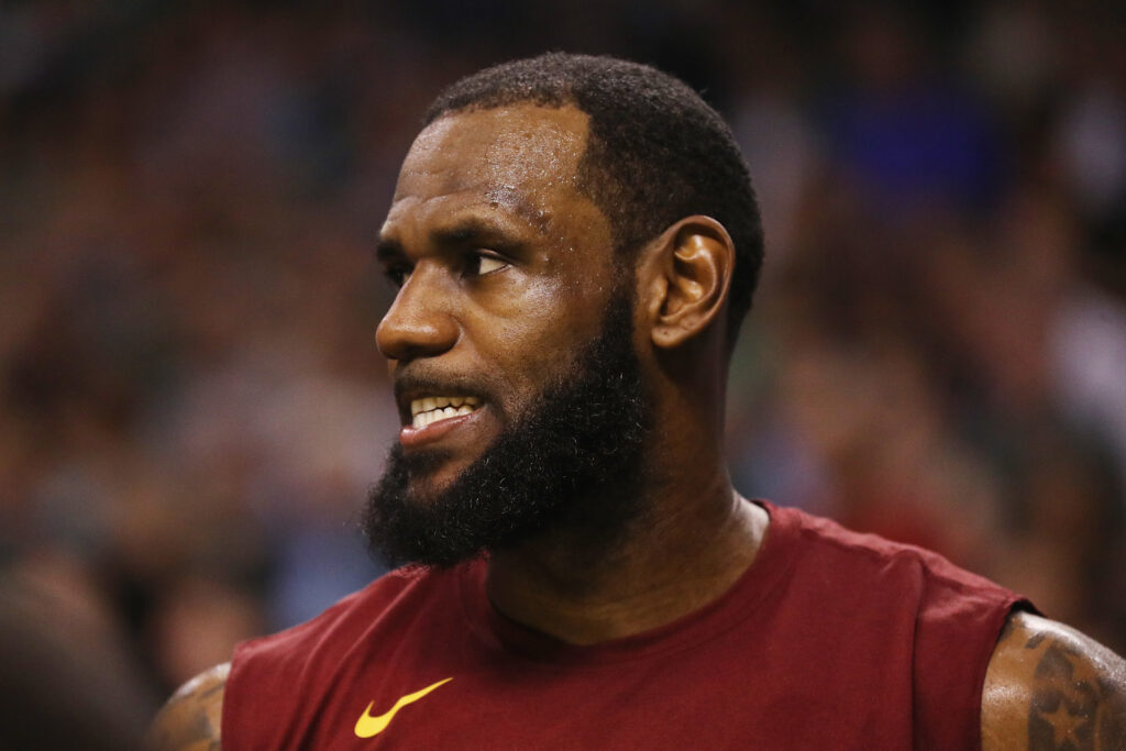 LeBron James #23 of the Cleveland Cavaliers reacts in the fourth quarter against the Boston Celtics during Game Two of the 2018 NBA Eastern Conference Finals at TD Garden.