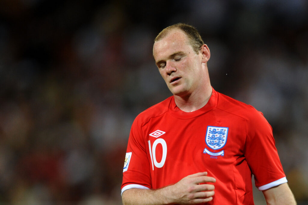 Dejected Wayne Rooney of England after being knocked out of the tournament during the 2010 FIFA World Cup South Africa Round of Sixteen match between Germany and England at Free State Stadium.