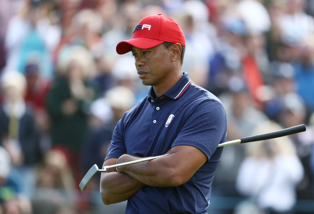 Tiger Woods looks on during his singles match with Jon Rahm at the 2018 Ryder Cup