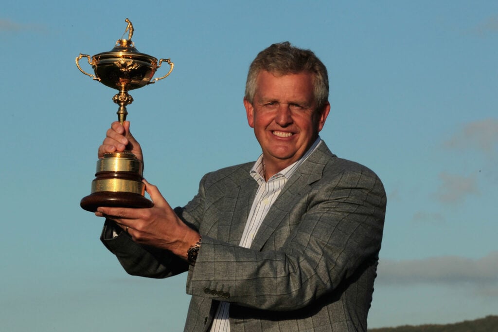 European Team Captain Colin Montgomerie poses with the Ryder Cup following Europe's 14.5 to 13.5 victory over the USA at the 2010 Ryder Cup at the Celtic Manor Resort