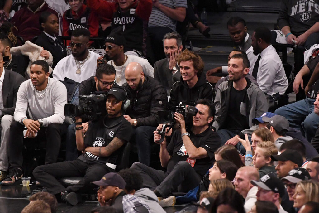 Antoine Griezmann attends the game between the Philadelphia 76ers and the Brooklyn Nets on Game Four of Round One of the 2019 NBA Playoffs at Barclays Center.