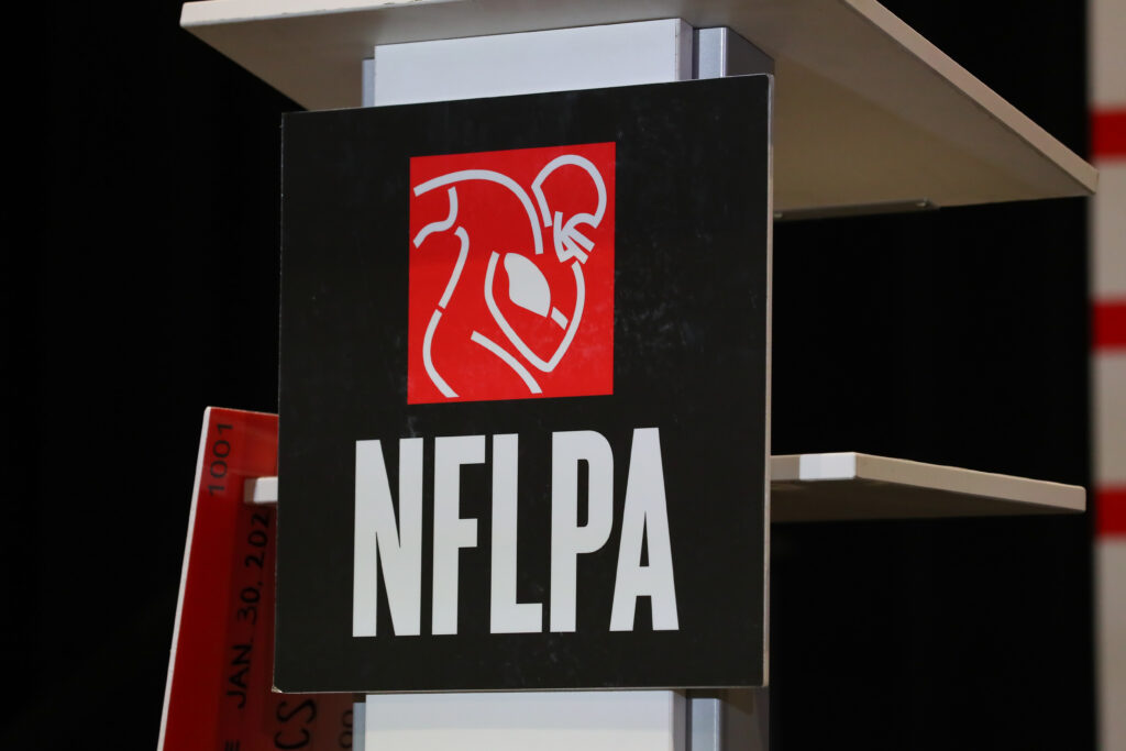 A general view of the National Football League Players Association logo during the NFLPA press conference on January 30, 2020 at the Miami Beach Convention Center.