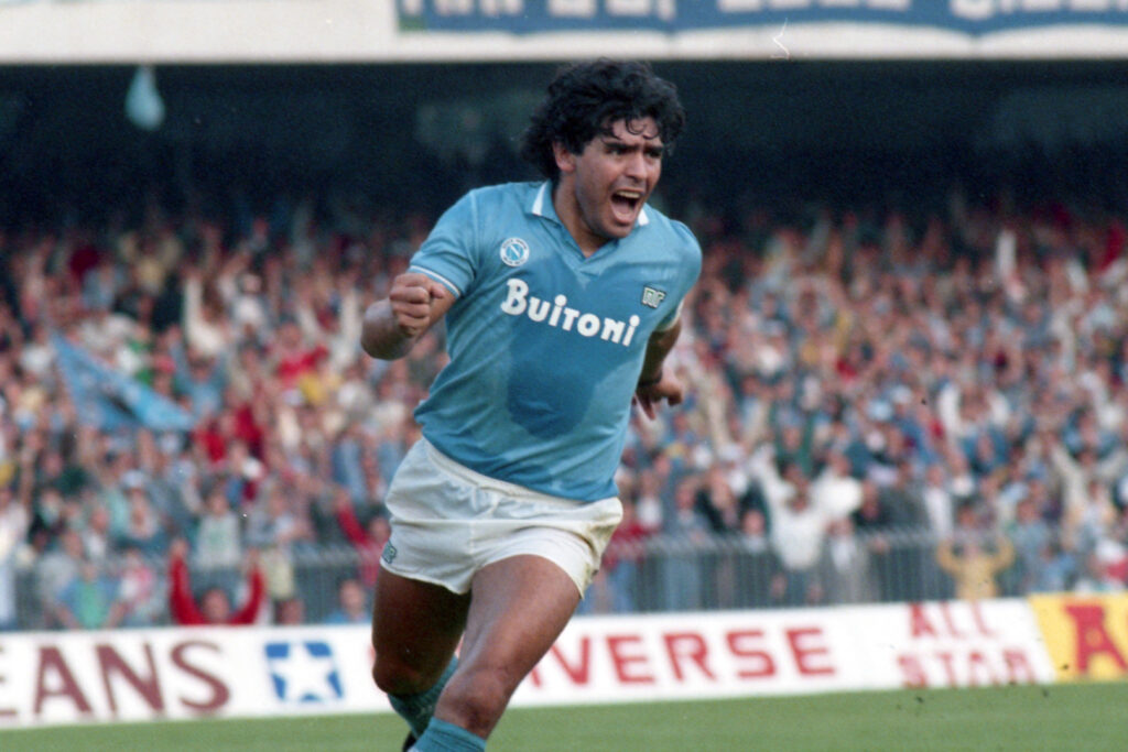 Diego Maradona of Napoli celebrates scoring his side's second goal from the penalty spot during the Serie A match between Napoli and Atalanta at the Stadio San Paolo.