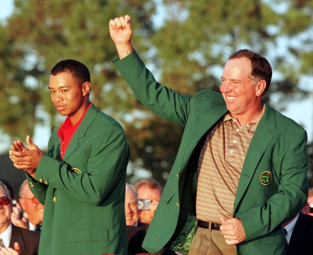 Mark O'Meara celebrates after being presented with the green jacket following his 1998 Masters win