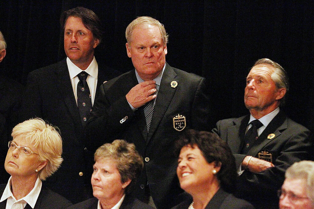Phil Mickelson with Gary Player and Johnny Miller at the World Golf Hall of Fame Induction Ceremony in 2012