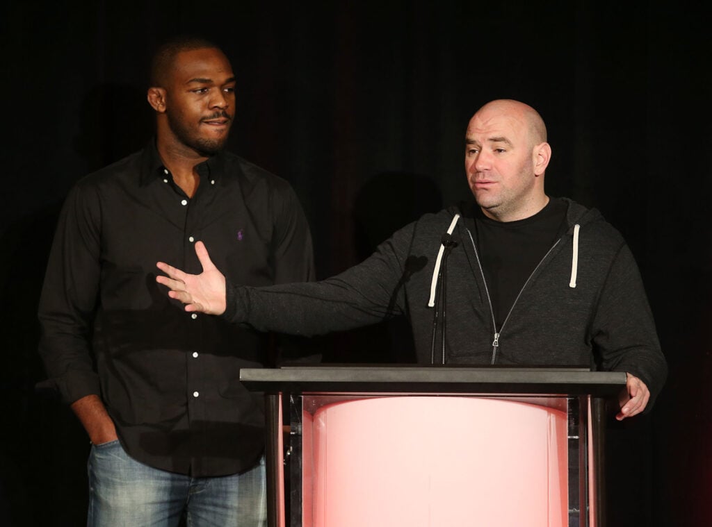 TUF Coach, Jon Jones (L) and Dana White, UFC President/UFC Light Heavyweight Champion, of the television show "The Ultimate Fighter" speak during the FX Networks portion of the 2013 Winter Television Critics Association Press Tour at the Langham Hotel and Spa.
