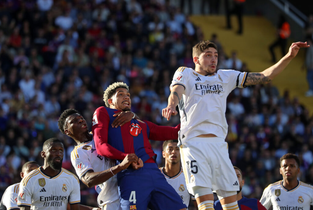 Federico Valverde, Ronald Araujo and Aurelien Tchouameni during the match between FC Barcelona and Real Madrid CF, corresponding to the week 11 of LaLiga EA Sports, played at the Olympic Stadium Lluis Companys.