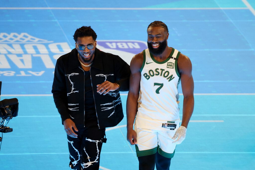 Donovan Mitchell and Jaylen Brown attend the AT&T Slam Dunk Contest as part of 2024 State Farm All-Star Saturday Night at Lucas Oil Stadium on February 17, 2024.