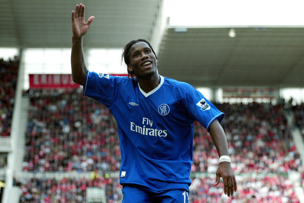 Didier Drogba of Chelsea celebrates during the Premier League match between Middlesbrough and Chelsea at Riverside Stadium.