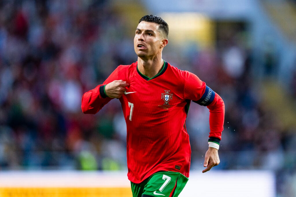 Cristiano Ronaldo of Portugal celebrates his goal during the International Friendly match between Portugal and the Republic of Ireland at Estádio Municipal de Aveiro.