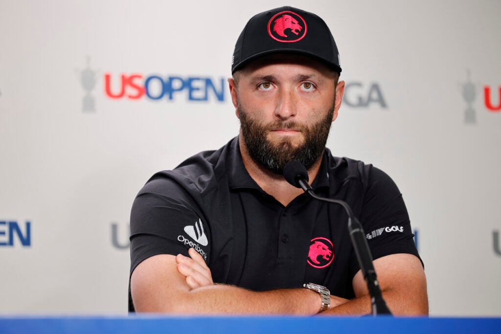 Jon Rahm of Spain speaks to the media during a practice round prior to the U.S. Open at Pinehurst Resort on June 11, 2024 in Pinehurst, North Carolina.