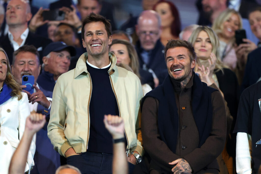 Tom Brady, Minority Owner of Birmingham City (L) with David Beckham to the Sky Bet League One match between Birmingham City FC and Wrexham AFC at St Andrew’s at Knighthead Park on September 16, 2024 in Birmingham, England.