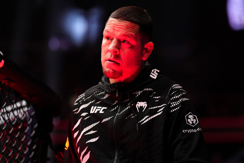 Nate Diaz is seen in the corner of Kron Gracie during the UFC 310 event at T-Mobile Arena.