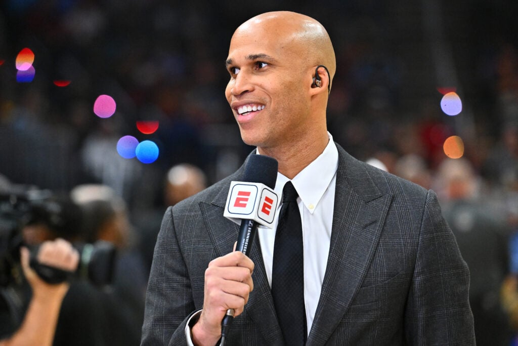 TV broadcaster and former NBA player Richard Jefferson talks before the game between the Cleveland Cavaliers and the Oklahoma City Thunder at Rocket Mortgage Fieldhouse.