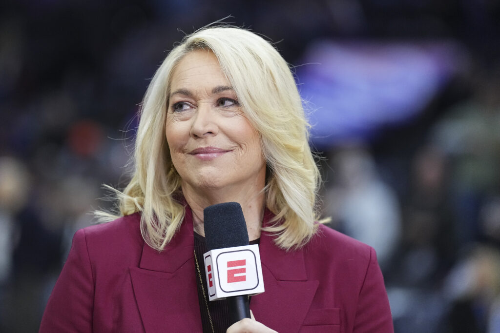Doris Burke of ESPN looks on prior to the game between the New York Knicks and Philadelphia 76ers at the Wells Fargo Center on January 15, 2025 in Philadelphia, Pennsylvania. The Knicks defeated the 76ers 125-119 in overtime.