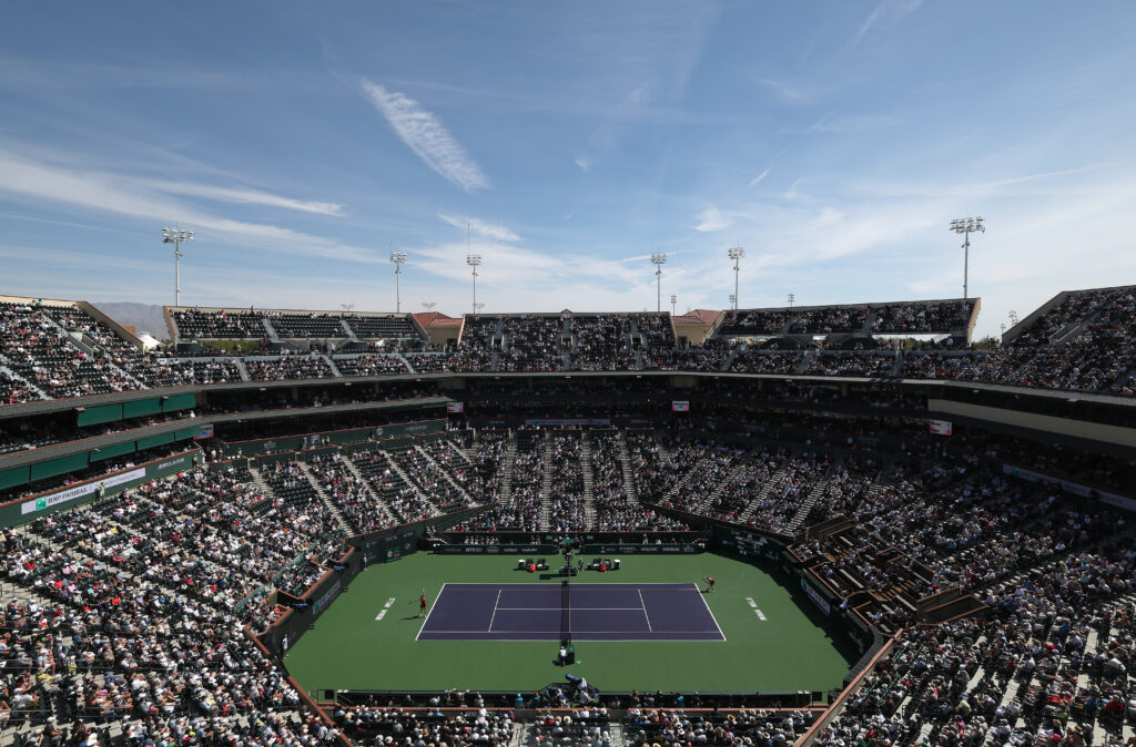 A view of Stadium 1 at Indian Wells during the 2025 final between Aryna Sabalenka and Mirra Andreeva.