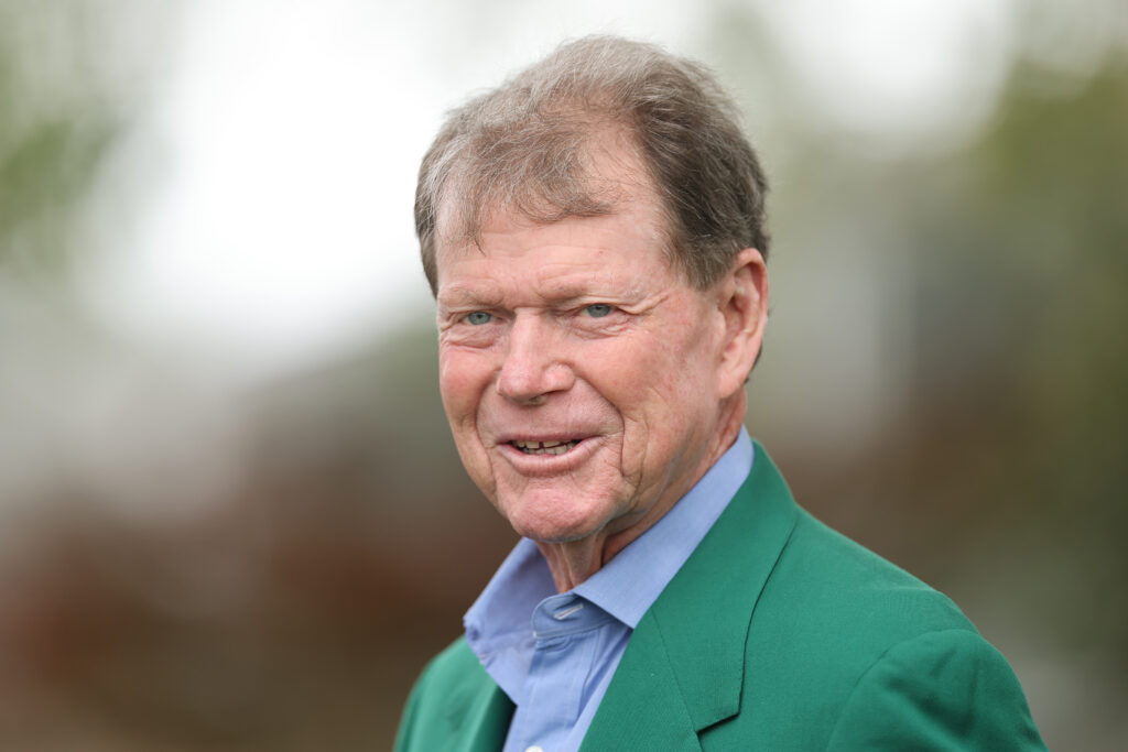 Tom Watson looks on during the Drive, Chip and Putt Championship at Augusta National Golf Club