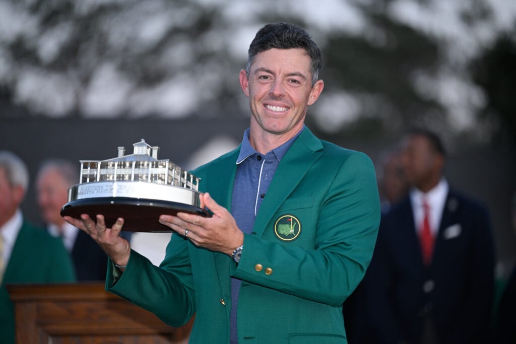 Rory McIlroy of Northern Ireland holds the trophy after the final round of Masters Tournament at Augusta National Golf Club on April 13, 2025 in Augusta, Georgia.