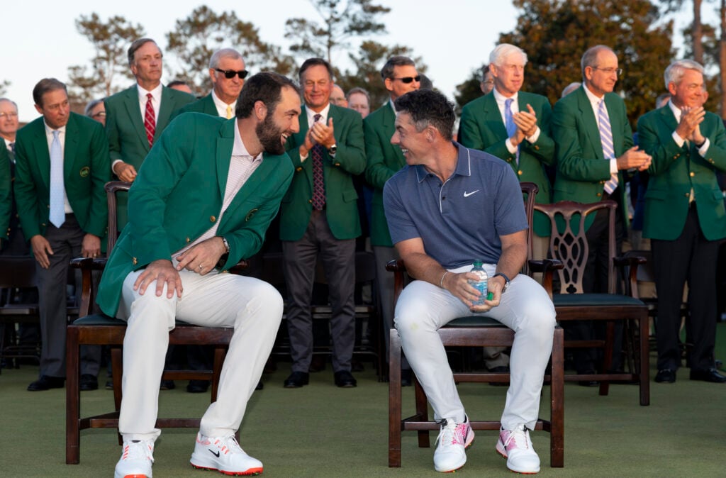 Rory McIlroy with Scottie Scheffler during the Green Jacket Presentation Ceremony at the Masters