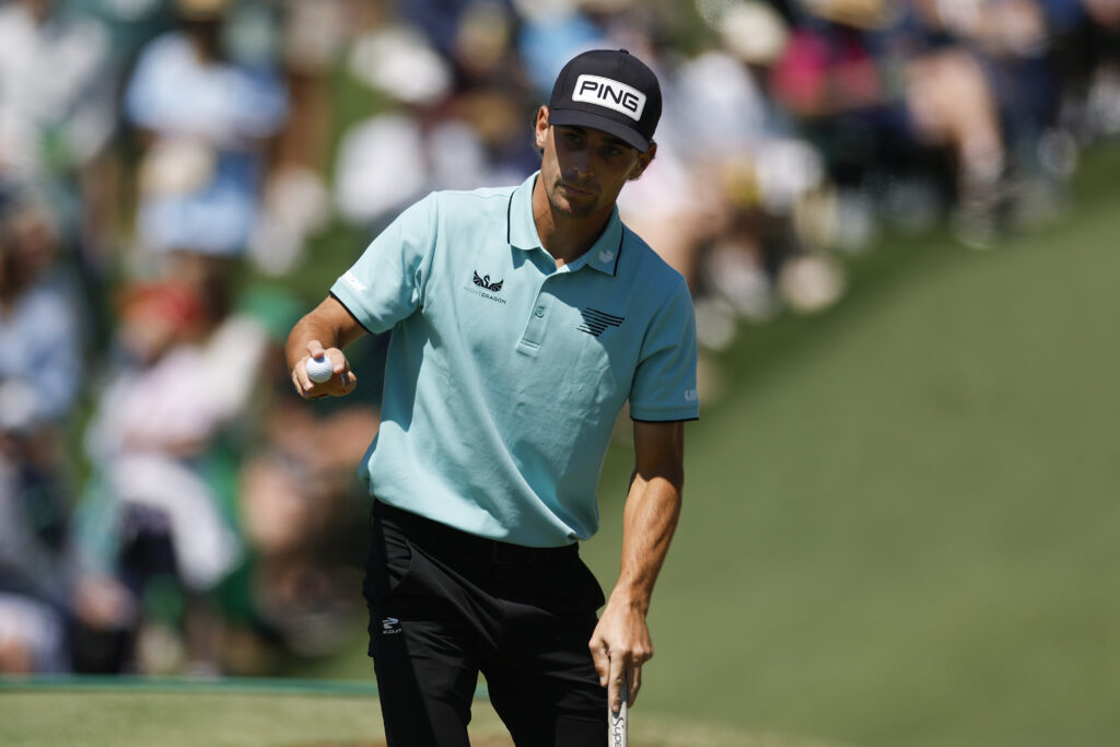 Joaquin Niemann reacts after putting for birdie on the second holeduring the final round of the 2025 Masters Tournament at Augusta National Golf Club