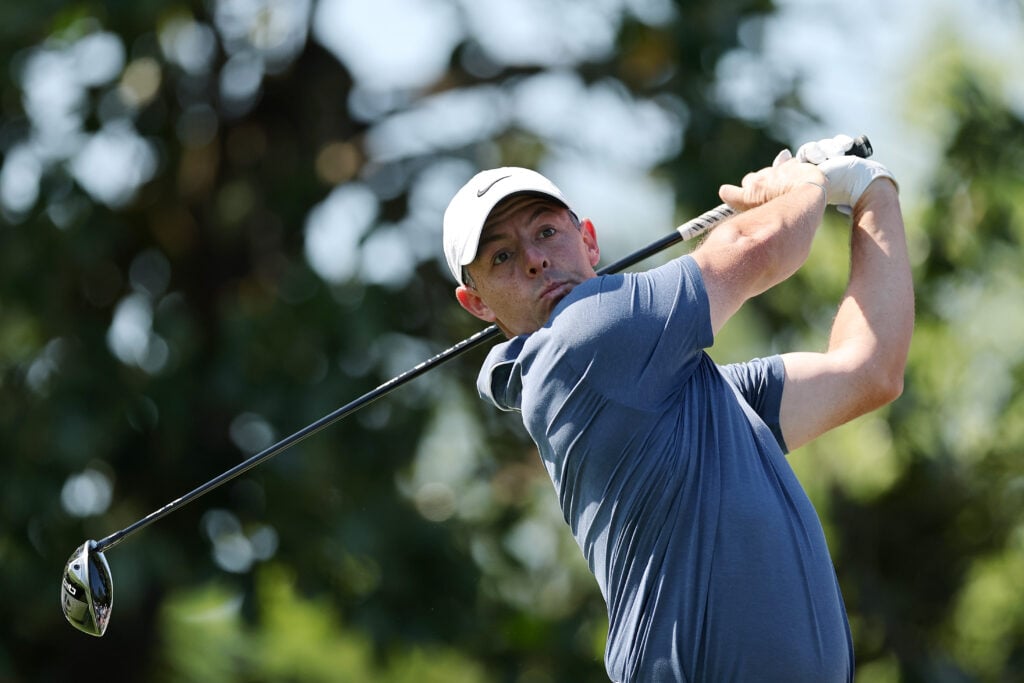 Rory McIlroy of Northern Ireland plays his shot from the ninth tee during the final round of the 2025 Masters Tournament at Augusta National Golf Club