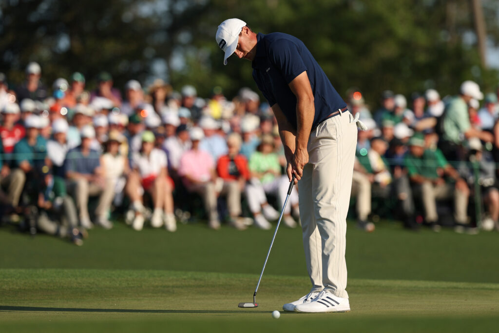 Ludvig Aberg of Sweden putts on the 18th green during the final round of the 2025 Masters Tournament at Augusta National Golf Club