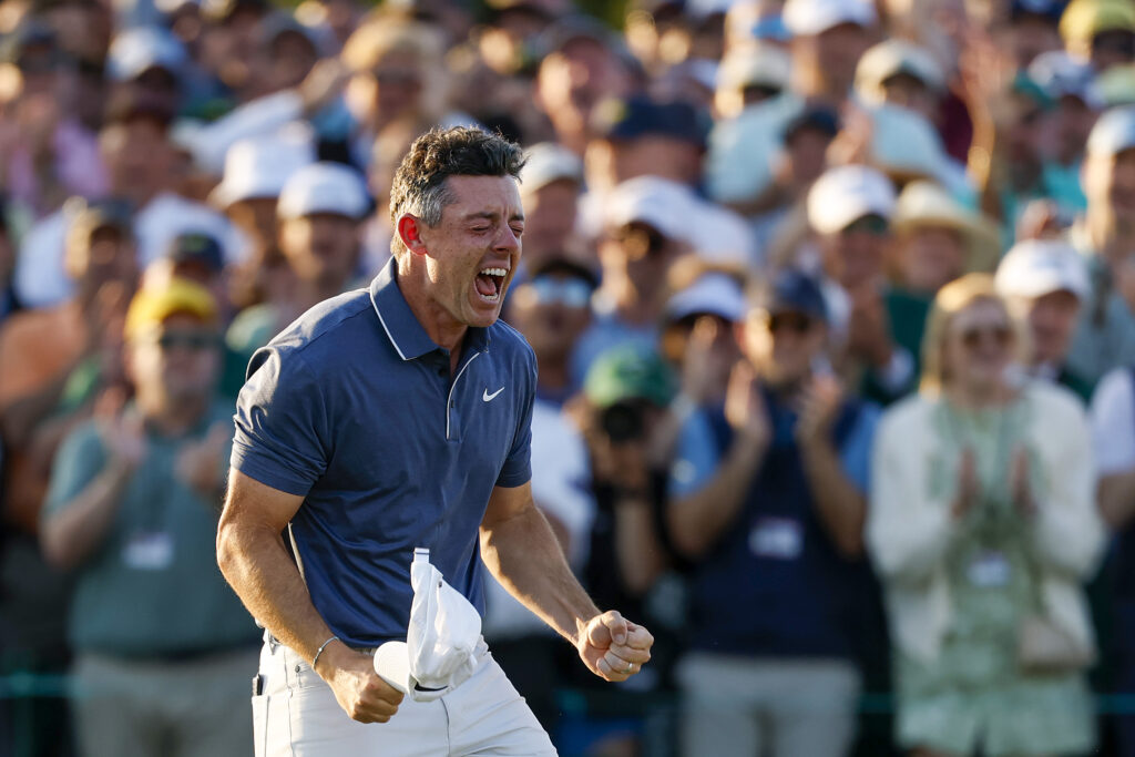 Rory McIlroy of Northern Ireland celebrates winning the 2025 Masters Tournament after the first playoff hole on the 18th green at Augusta National Golf Club